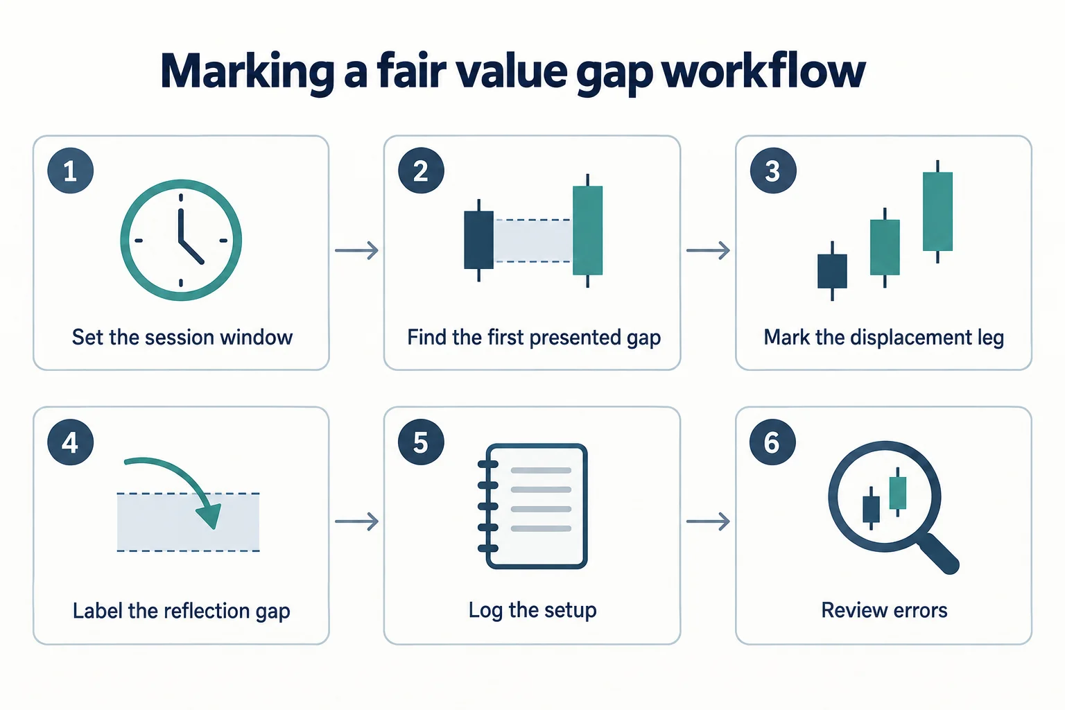 Six-step diagram: set the session window, find the first presented gap, mark the displacement leg, label the reflection gap, log the setup, review errors.