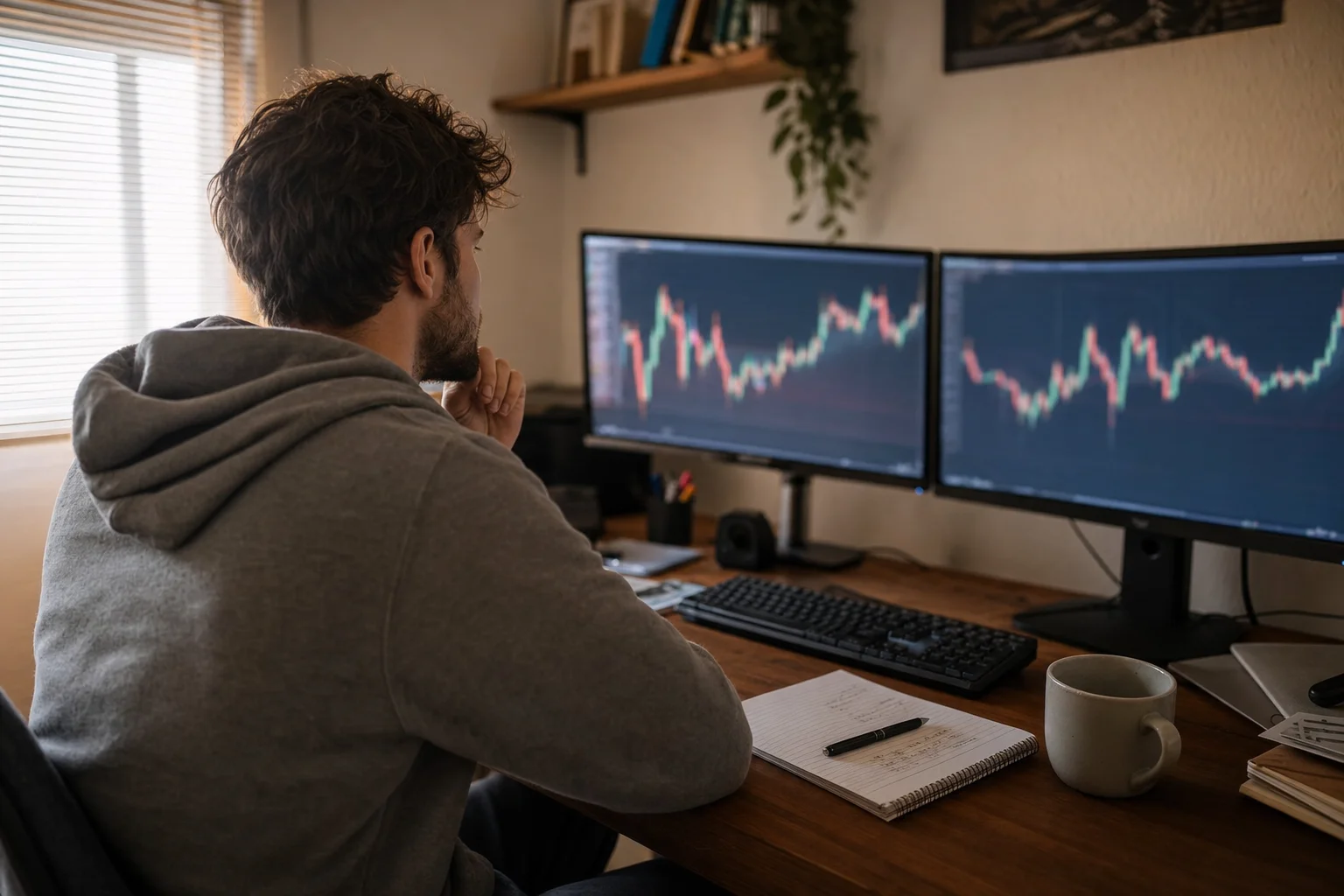 A day trader sitting calmly at a home dual-monitor workstation before the open, hands away from the mouse, with a notebook of session levels beside the keyboard.