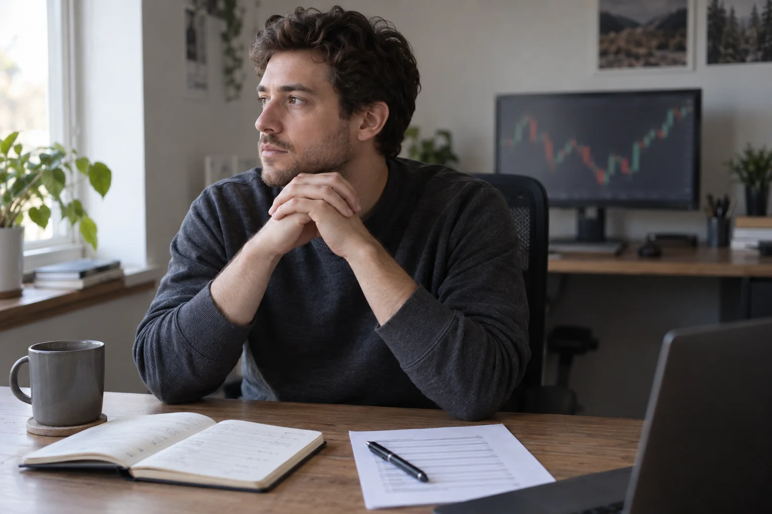 A day trader seated at a home desk looks away from a blurred price chart on the monitor, with a printed session plan, notebook, and pen in front of him.