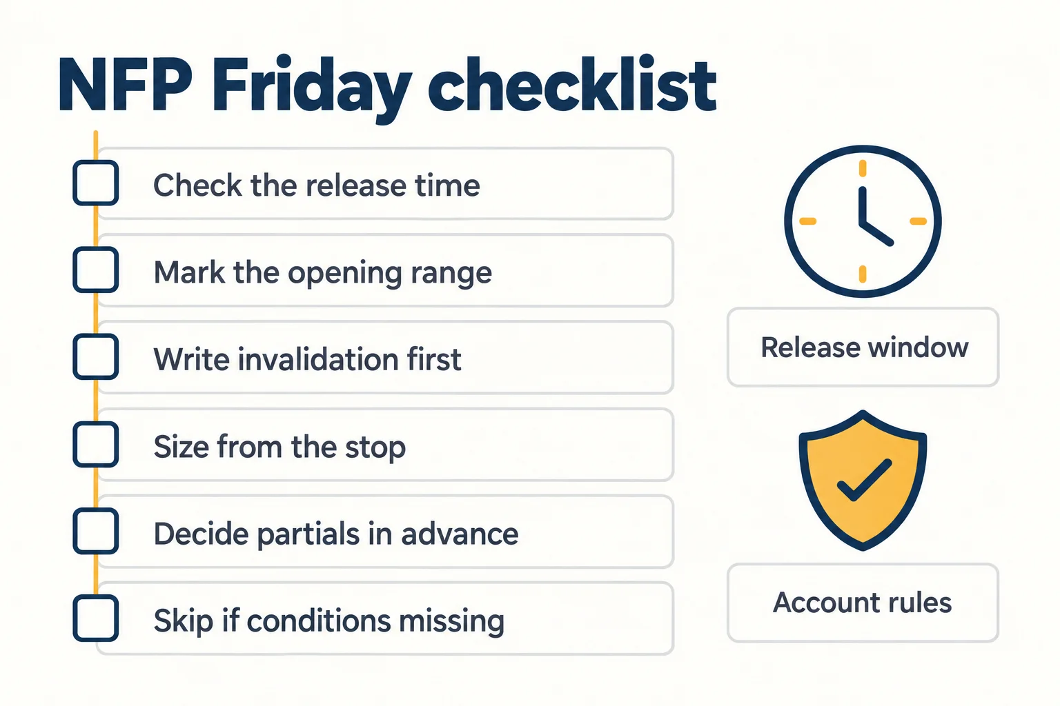 NFP Friday checklist schematic with six checkbox rows: check the release time, mark the opening range, write invalidation first, size from the stop, decide partials in advance, skip if conditions missing.