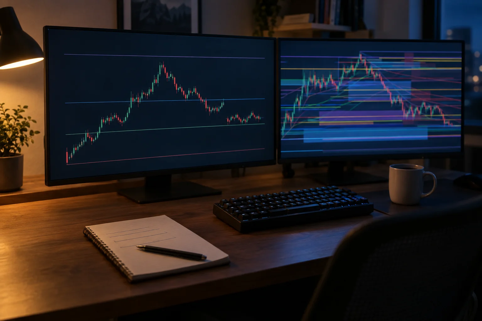 Photograph of two monitors on a home trading desk in the evening: the left screen shows a sparse chart with four level lines, the right screen shows the same chart style layered with many overlapping levels and shaded zones.