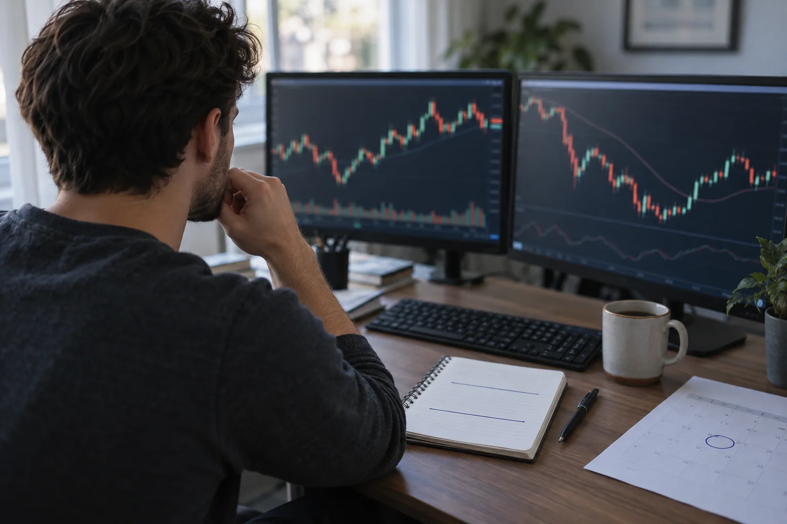 A trader reviewing morning price charts at a home desk, with a notebook of hand-drawn price levels and a printed calendar page with a circled time block beside the keyboard.
