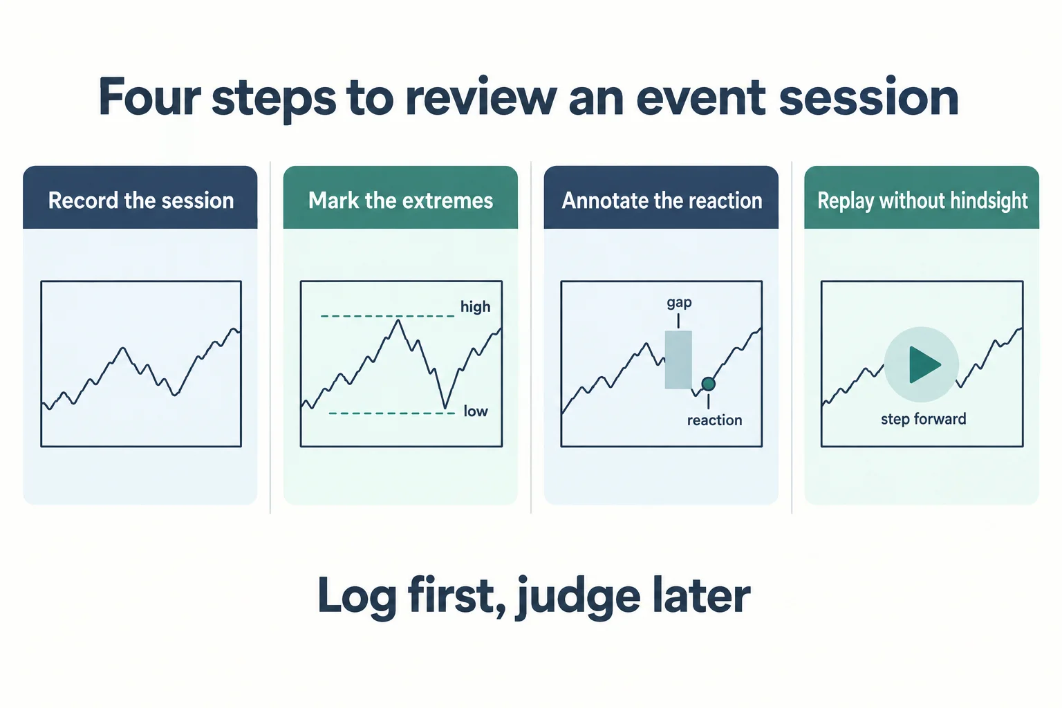 Four-panel schematic for reviewing an event session: record the session, mark the high and low extremes, annotate the reaction around a gap, and replay step by step without hindsight, under the heading Four steps to review an event session.