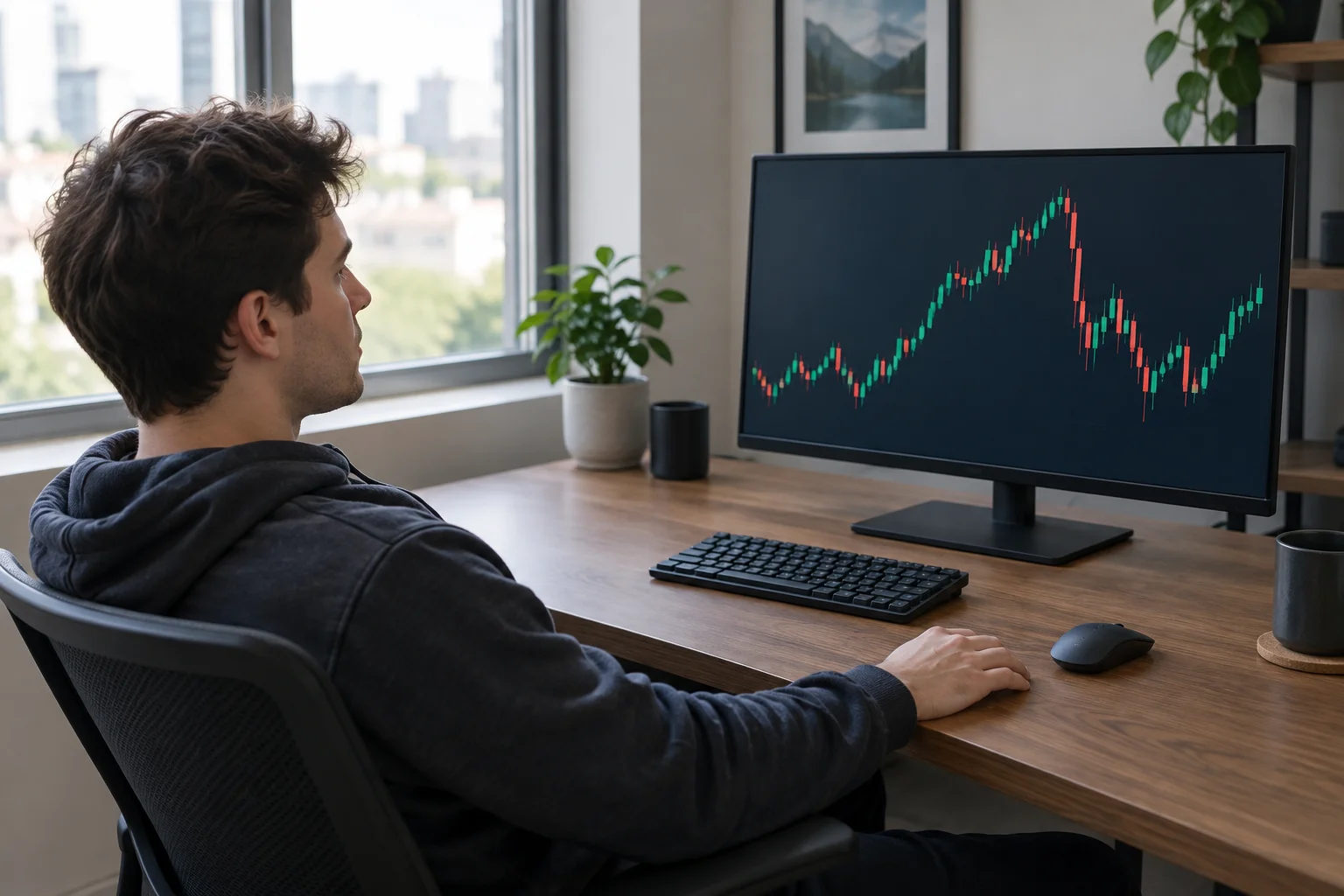 A trader sitting back from a desk with one hand resting beside the mouse, watching an unlabeled candlestick chart on a monitor during a fast market open.
