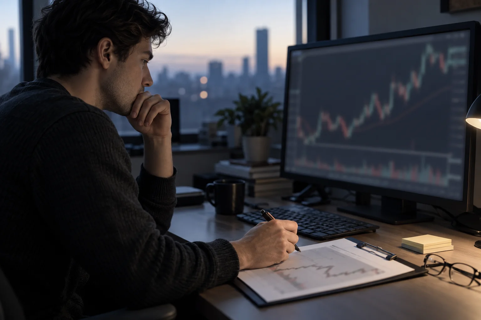 Photo illustration of a trader at an early-morning desk studying a blurred chart on a monitor while holding a pen over a printed chart on a clipboard. AI-generated illustration, not a real chart and not market data.