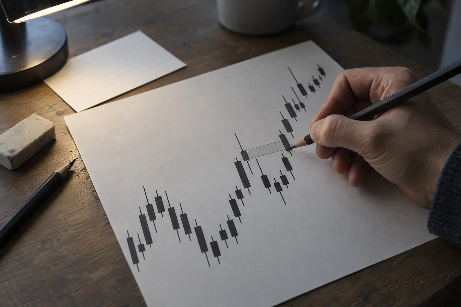 Photo illustration of a hand inscribing a pencil line through the middle of a candlestick wick on a printed chart, with a shaded band drawn between two marked levels. AI-generated illustration, not a real chart and not market data.
