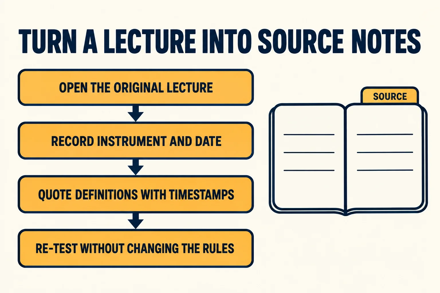 Four-step schematic headed Turn a lecture into source notes, with steps labelled Open the original lecture, Record instrument and date, Quote definitions with timestamps and Re-test without changing the rules, beside an open notebook outline labelled Source.