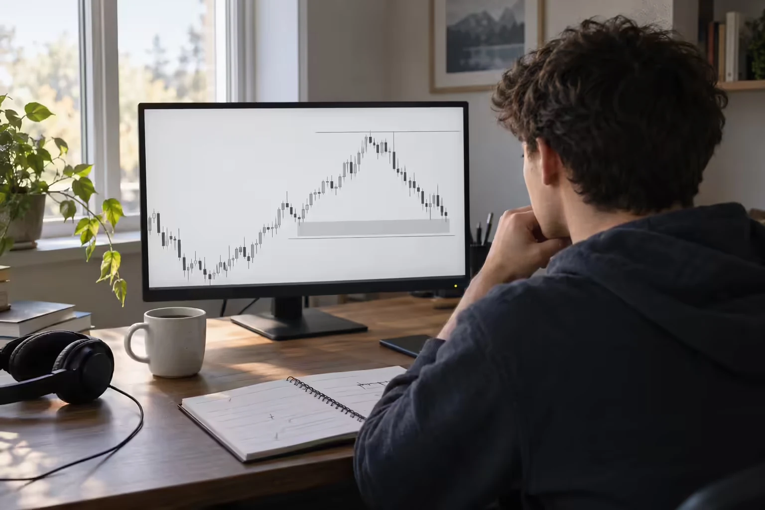 An amateur day trader at a home desk studying a weekly index futures candlestick chart on a monitor, with price retracing into a highlighted band across the lower part of the week's range. AI-generated educational illustration, not market data.