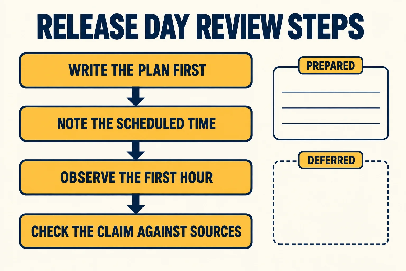 Instructional four-panel diagram headed Release day review steps with panels labelled Write the plan first, Note the scheduled time, Observe the first hour and Check the claim against sources, beside a solid PREPARED box and a dashed DEFERRED box.