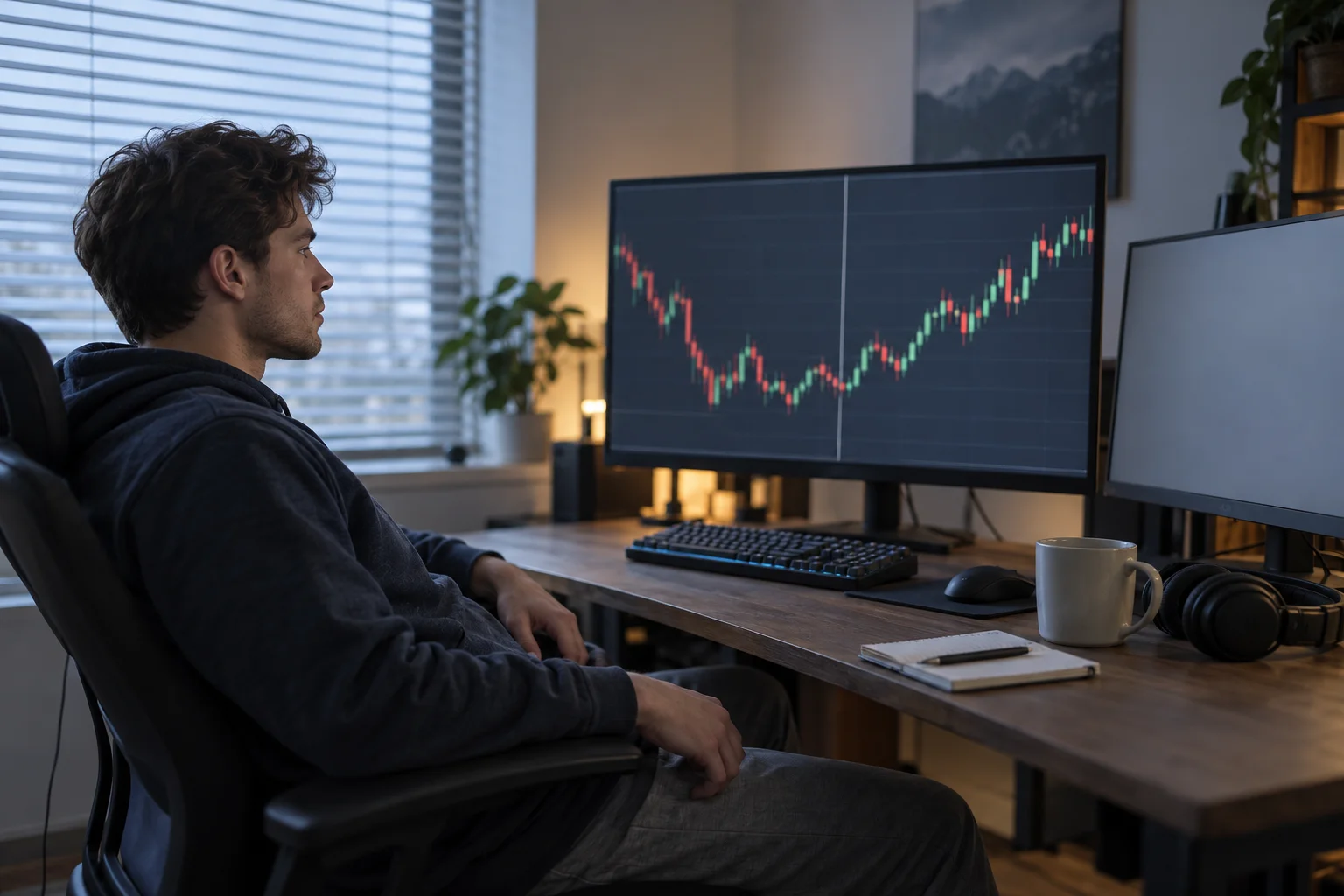 A young futures trader at a home desk shortly after the 8:30 release, sitting back with both hands off the keyboard while a single unreadable candlestick chart fills the large monitor and a notebook, pen and mug sit beside the keyboard.