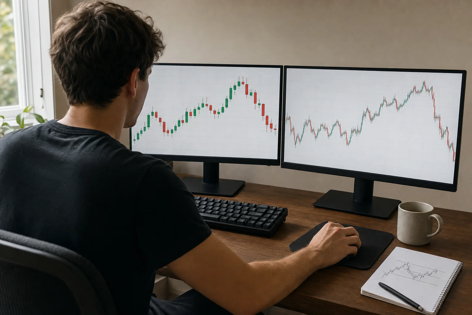 Illustrative photo of a trader at a home desk reviewing two monitors side by side: a sparse intraday candlestick chart on the left and the same session on a much finer timeframe on the right, with a notebook of hand-drawn price levels on the desk.