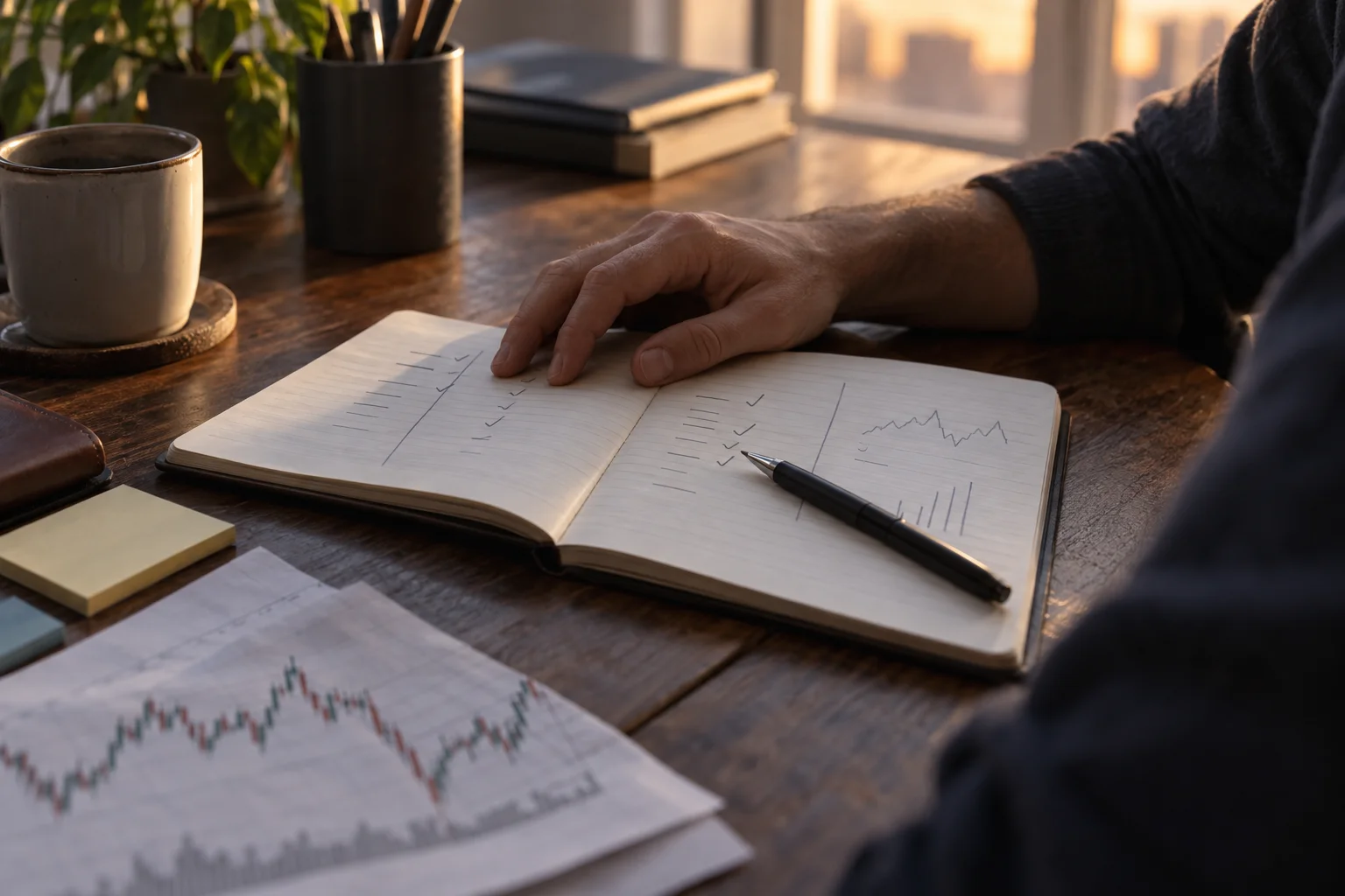 A close view of an open notebook with hand-drawn checklist ticks and a pen resting on the page beside printed market charts on a desk.