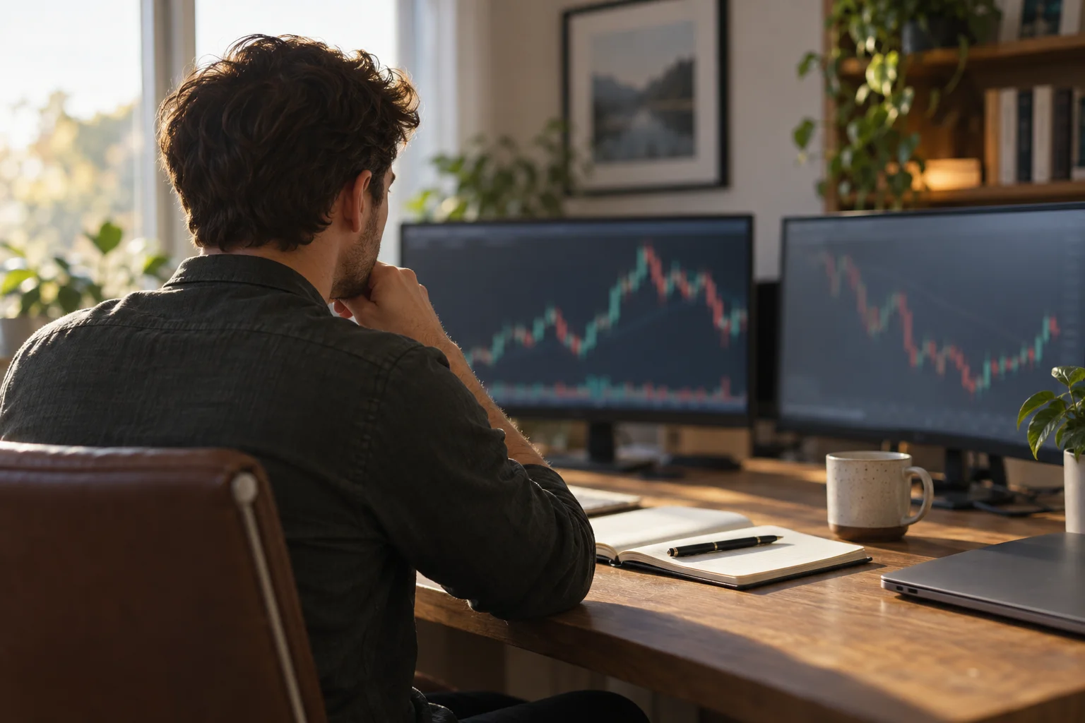A trader seated at a home desk studying two blurred market charts on large monitors after a morning session, with an open notebook and pen beside the keyboard.