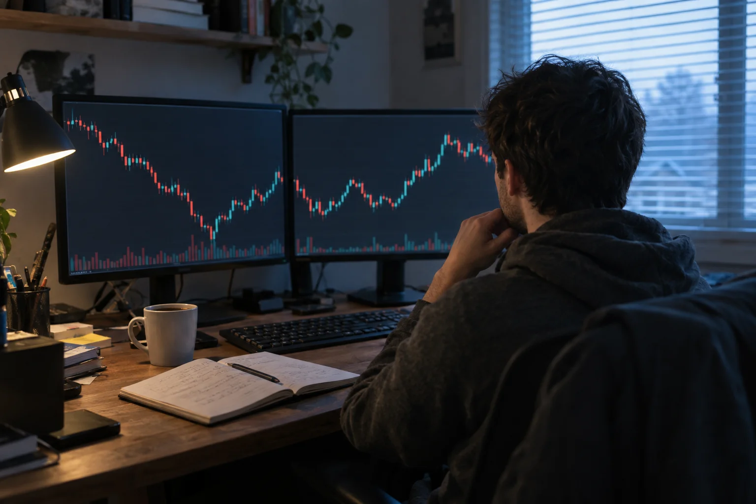 A trader seen from behind at a home desk before the New York open, notebook and coffee beside two screens showing text-free candlestick charts in early morning light