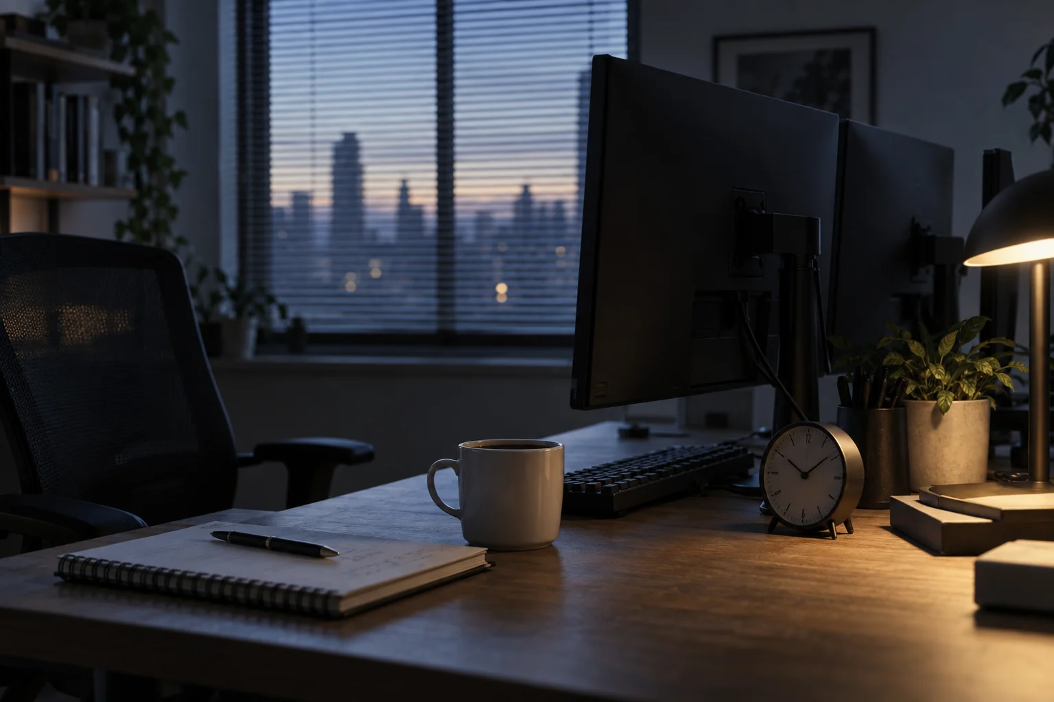 A quiet retail futures trading desk set up before a scheduled US economic release, with two monitors turned away so no screen content is visible, a closed notebook and pen, a small desk clock, a mug of coffee and a low desk lamp in cool early-morning light.