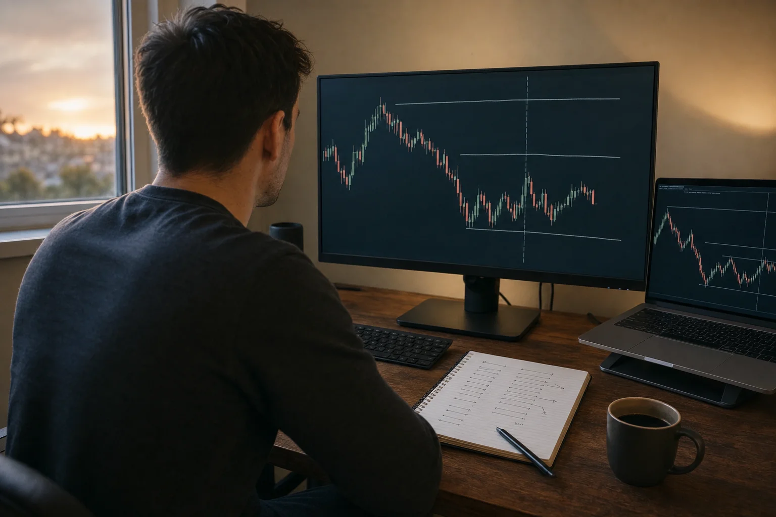 A trader working alone at a home desk in low warm light, reviewing the study checklist against a dark candlestick chart on a large monitor, with a second unlabelled chart on a laptop and an open notebook of hand-drawn level marks, arrows and tick columns beside a pen.