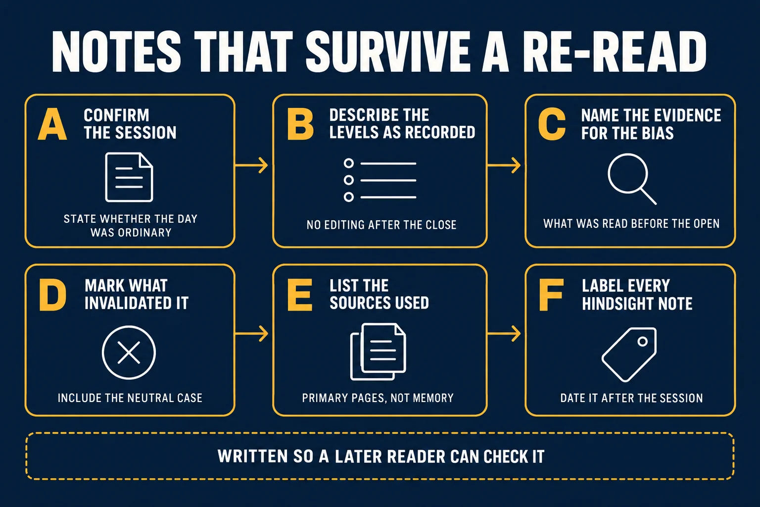 AI-generated educational reference diagram headed Notes That Survive A Re-read with six lettered panels: A Confirm The Session, B Describe The Levels As Recorded, C Name The Evidence For The Bias, D Mark What Invalidated It, E List The Sources Used, and F Label Every Hindsight Note, plus a dashed strip reading Written So A Later Reader Can Check It. No prices, timestamps or performance data are shown.