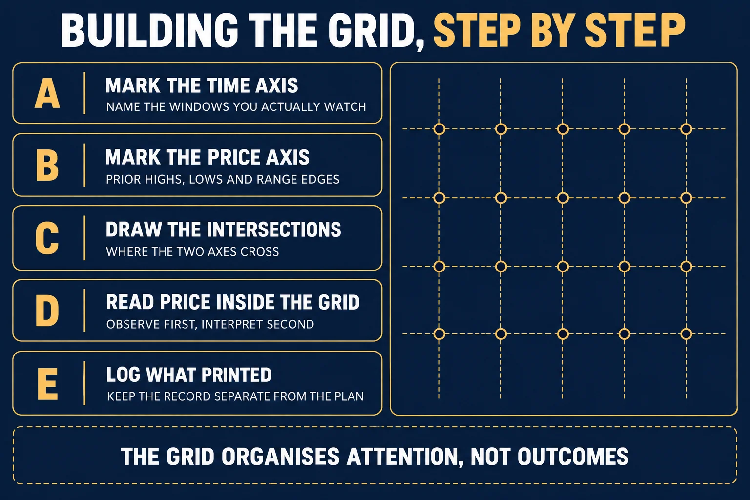 AI-generated educational reference diagram headed Building The Grid, Step By Step, with five lettered panels: A Mark The Time Axis - Name The Windows You Actually Watch; B Mark The Price Axis - Prior Highs, Lows And Range Edges; C Draw The Intersections - Where The Two Axes Cross; D Read Price Inside The Grid - Observe First, Interpret Second; E Log What Printed - Keep The Record Separate From The Plan, beside an unlabelled dashed grid with hollow circles at its intersections, and a footer strip reading The Grid Organises Attention, Not Outcomes.