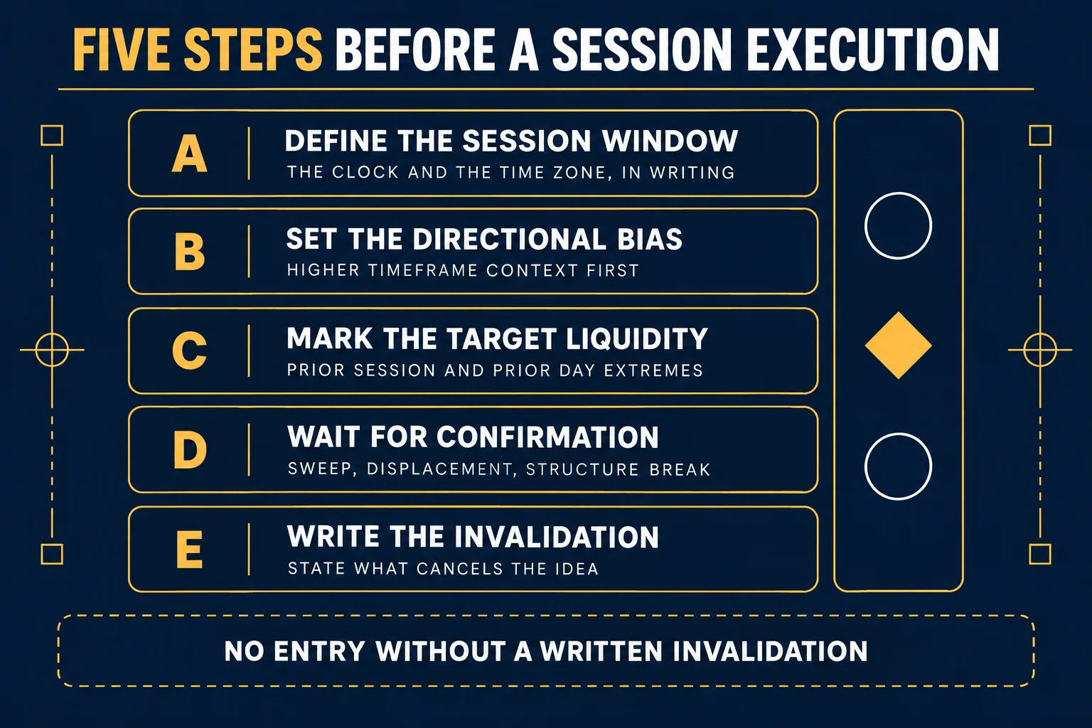 AI-generated educational checklist headed Five Steps Before A Session Execution with five lettered rows: A Define The Session Window - The Clock And The Time Zone, In Writing; B Set The Directional Bias - Higher Timeframe Context First; C Mark The Target Liquidity - Prior Session And Prior Day Extremes; D Wait For Confirmation - Sweep, Displacement, Structure Break; E Write The Invalidation - State What Cancels The Idea, plus a narrow panel holding two outlined circles and a diamond, and a footer reading No Entry Without A Written Invalidation.