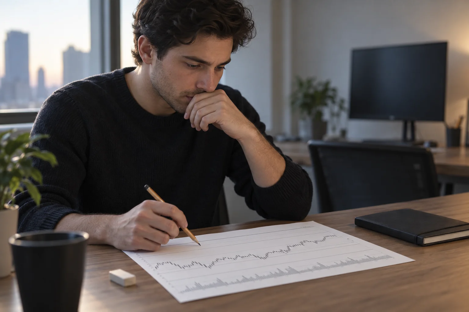 A trader seated at a home desk before the market open, marking horizontal levels on a printed daily price chart with a pencil beside a plain notebook and a monitor turned away