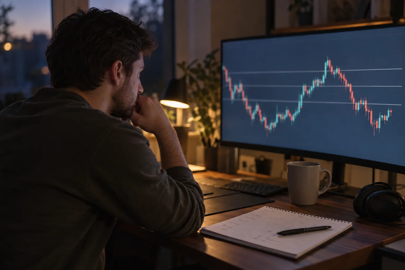 AI-generated editorial photograph of a trader at a home-office desk at night studying a candlestick chart with three horizontal reference lines drawn across it, with a ruled notebook, pen, headphones and mug on the desk. A scene for this section, not a chart of the levels described and not market data.