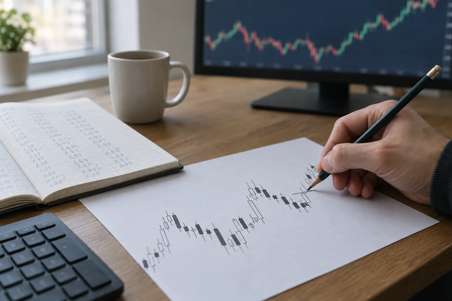 AI-generated editorial photograph of a trader marking a printed candlestick chart by hand with a pencil at a desk, with an open notebook of written levels beside it and a blurred chart on a monitor behind