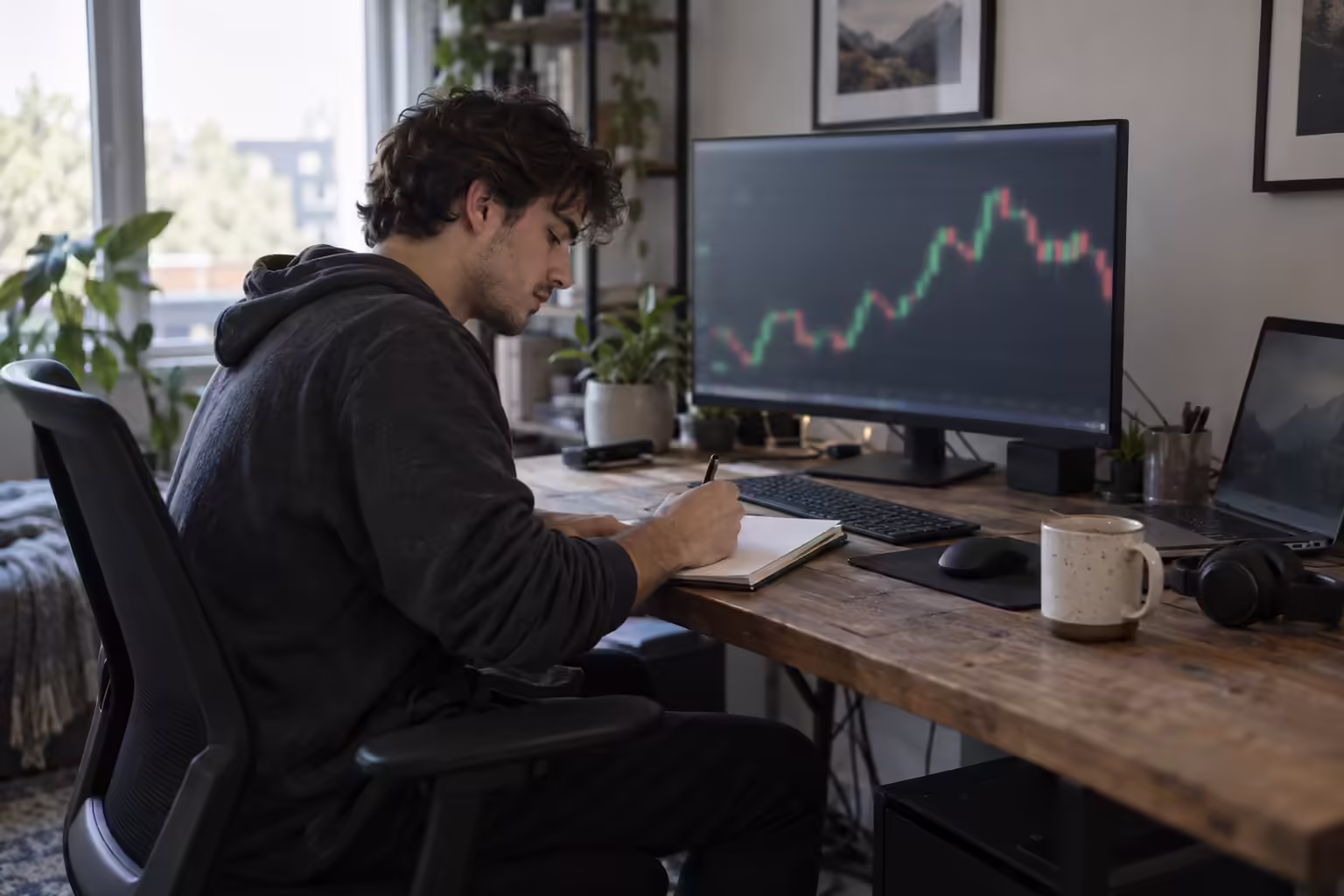 A day trader at a home desk writing a short list of partial exit levels in a notebook while a blurred Nasdaq futures chart fills the monitor beside him.