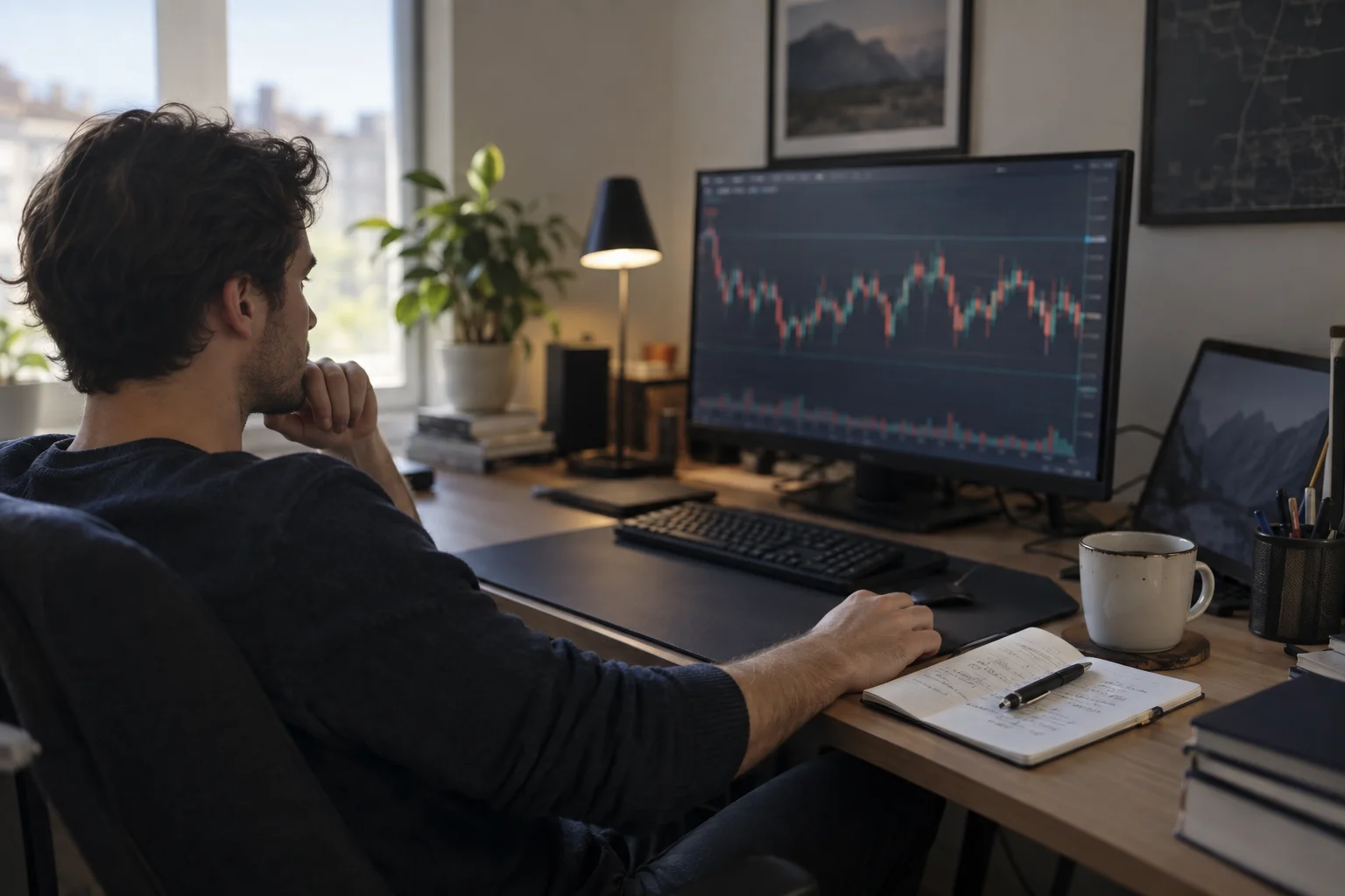 A young day trader sitting back from his keyboard with a notebook and pen beside him during a quiet, choppy futures session, having reduced his position size instead of adding to it.