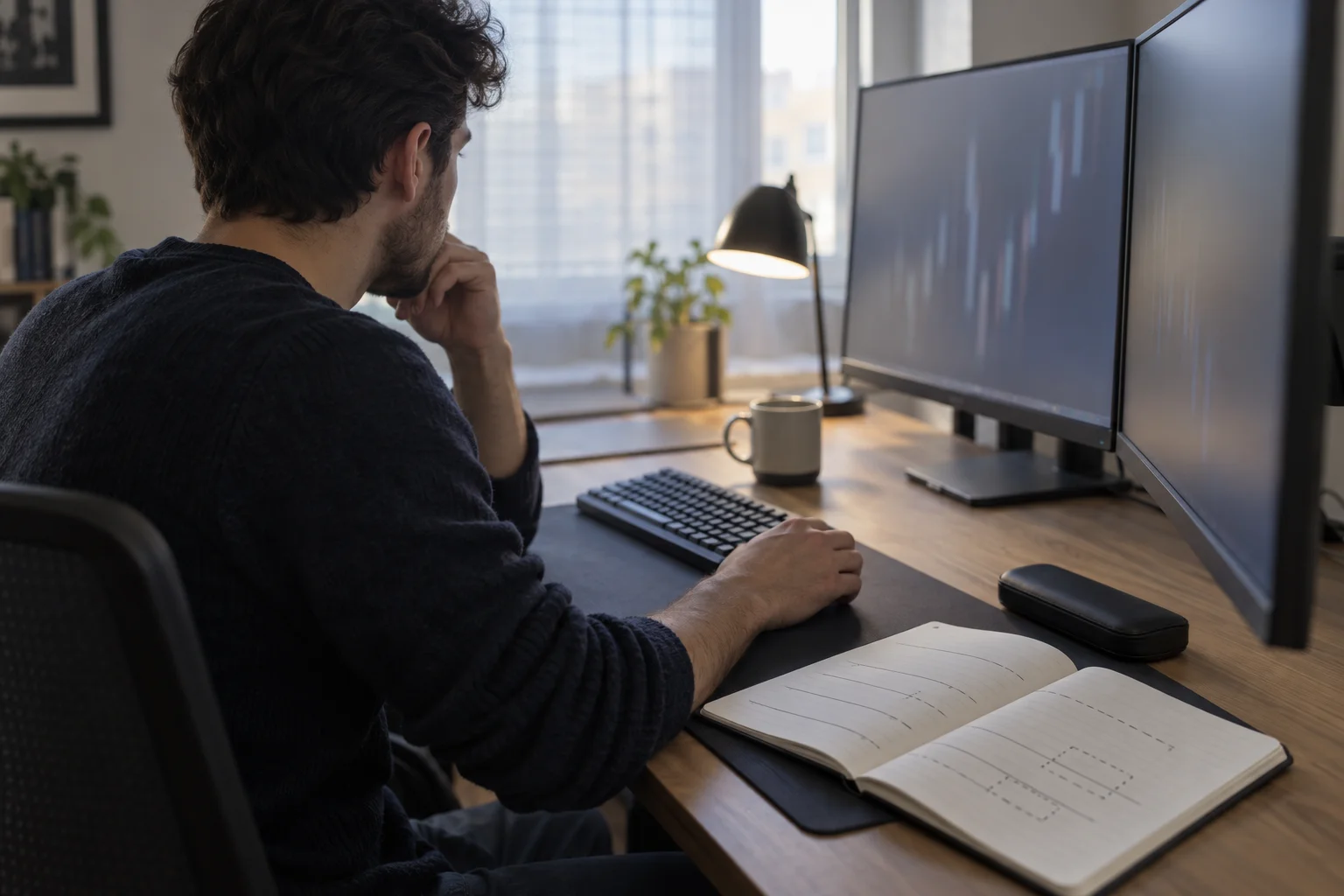 A trader sits at a home workstation at the start of a session, reviewing candlestick charts across two monitors with a notebook of hand-drawn level lines on the desk.