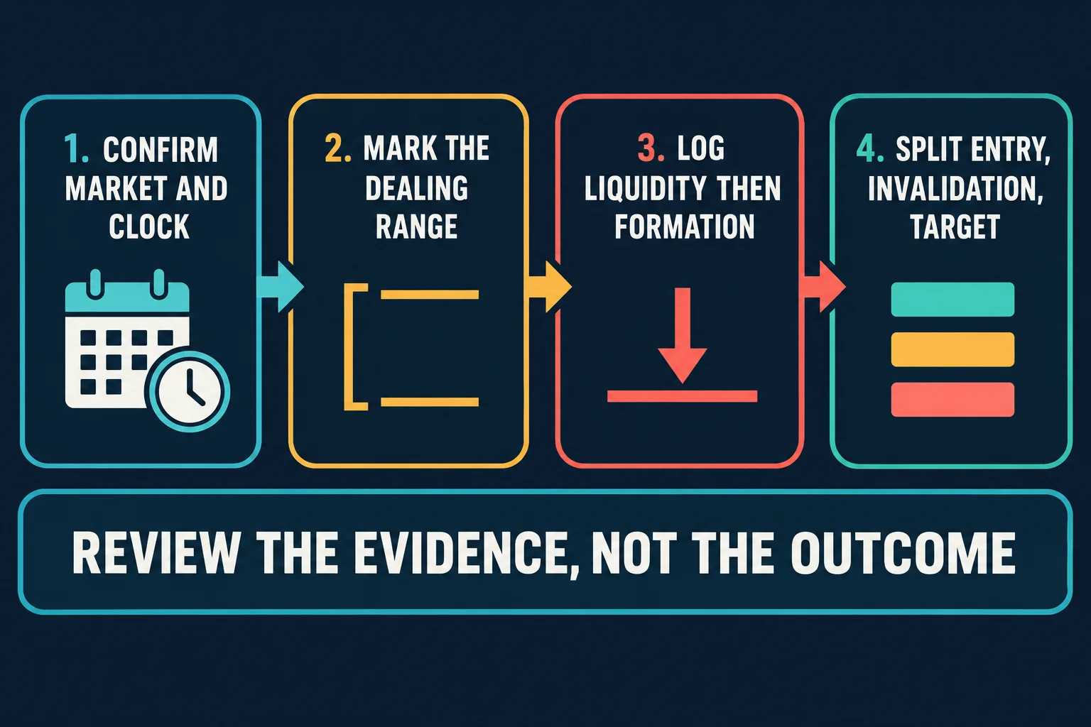 AI-generated educational flowchart with four numbered step cards joined by arrows reading 1 Confirm Market and Clock, 2 Mark the Dealing Range, 3 Log Liquidity Then Formation, and 4 Split Entry, Invalidation, Target, above a caption bar reading REVIEW THE EVIDENCE, NOT THE OUTCOME.