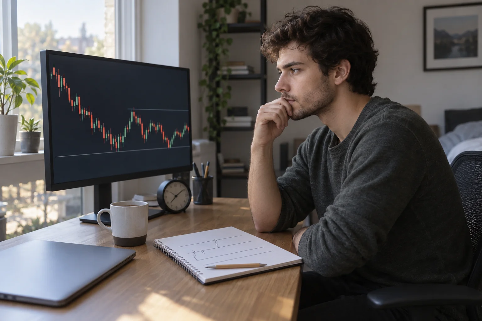 A young trader seated at a modest home desk in early morning light, reviewing an abstract candlestick chart on a monitor and taking notes in a notebook, with a pencil, a mug and a small desk clock beside the keyboard.