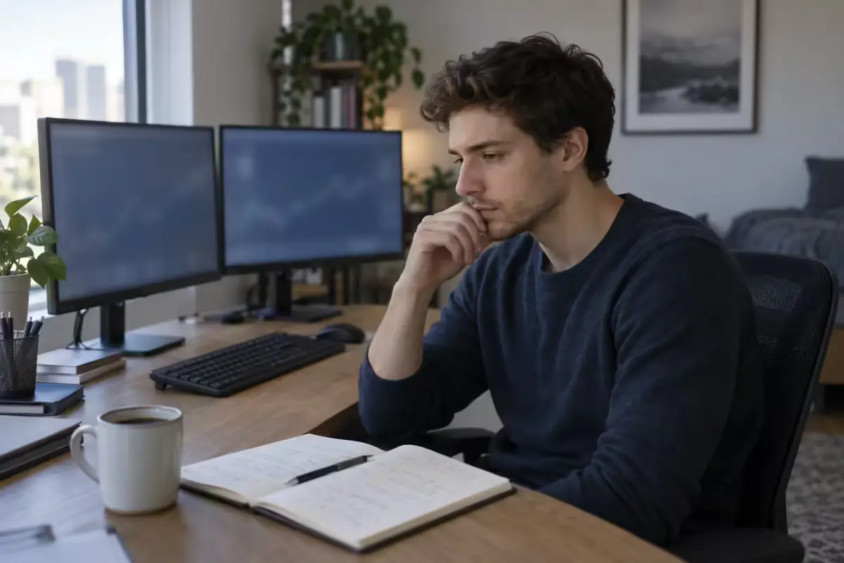 A young trader at a home desk reviewing session notes beside two monitors after an early-morning market release