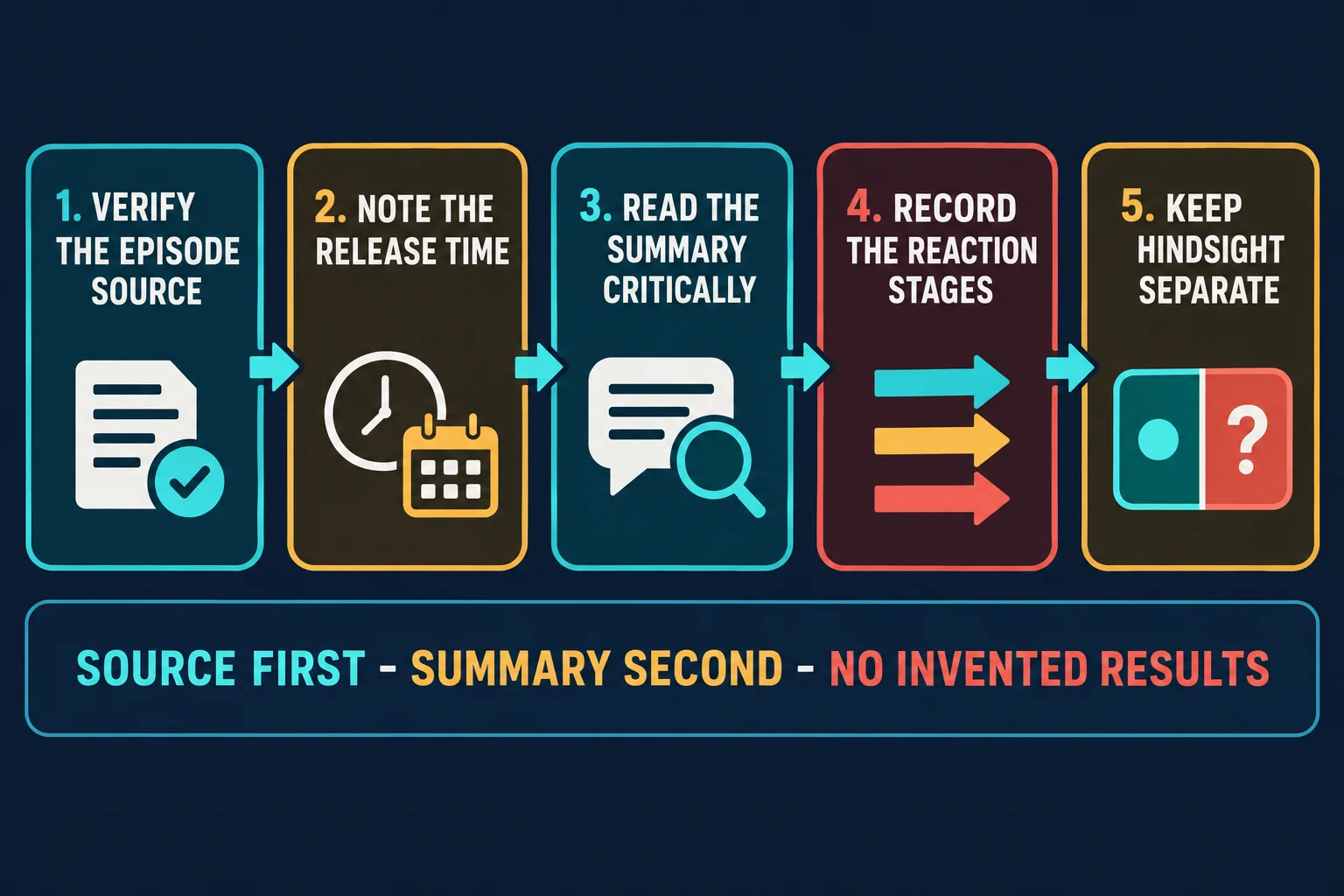 AI-generated educational flowchart with five numbered step cards joined by arrows reading 1 Verify the Episode Source, 2 Note the Release Time, 3 Read the Summary Critically, 4 Record the Reaction Stages, and 5 Keep Hindsight Separate, above a caption bar reading SOURCE FIRST - SUMMARY SECOND - NO INVENTED RESULTS.