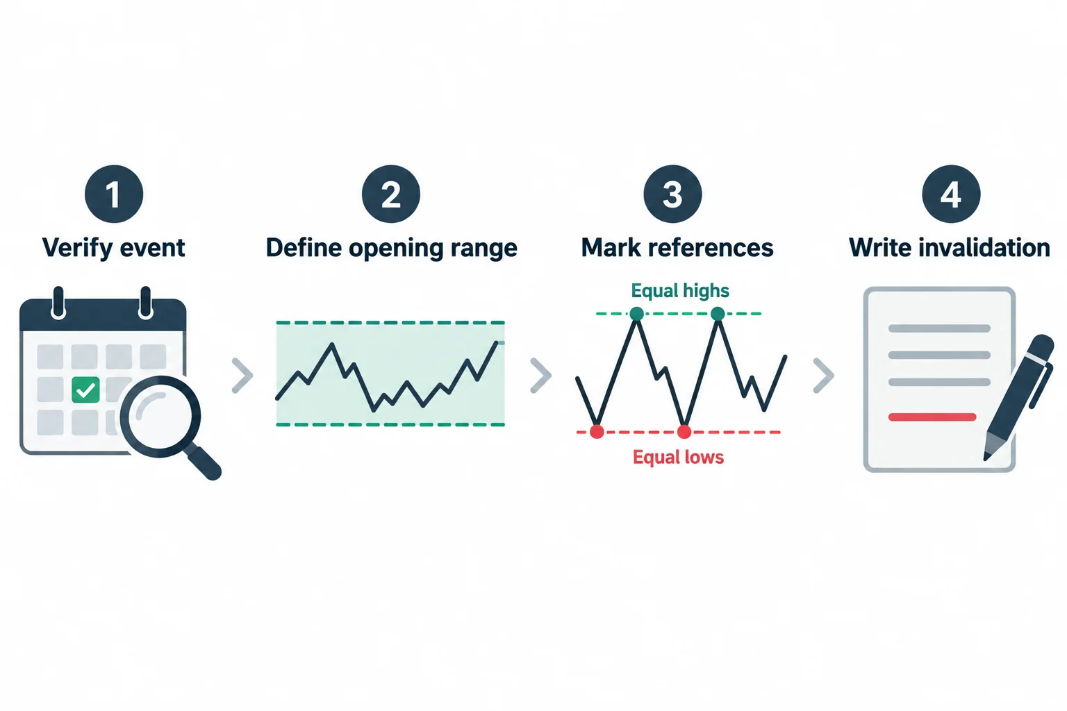 A planning flow moves from verifying the event to defining a range, marking references, and writing invalidation.