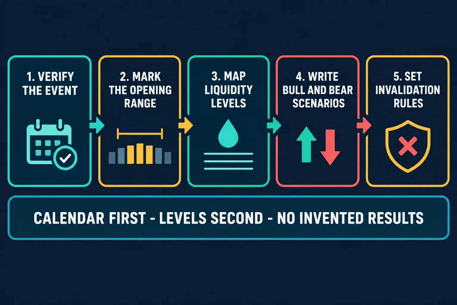 AI-generated educational flowchart with five numbered step cards joined by arrows reading 1 Verify the Event, 2 Mark the Opening Range, 3 Map Liquidity Levels, 4 Write Bull and Bear Scenarios, and 5 Set Invalidation Rules, above a caption bar reading CALENDAR FIRST - LEVELS SECOND - NO INVENTED RESULTS.
