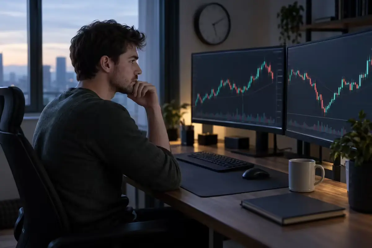 A day trader sitting back from the keyboard at a home desk with two monitors showing candlestick charts and a wall clock above, waiting rather than trading before a scheduled economic release.