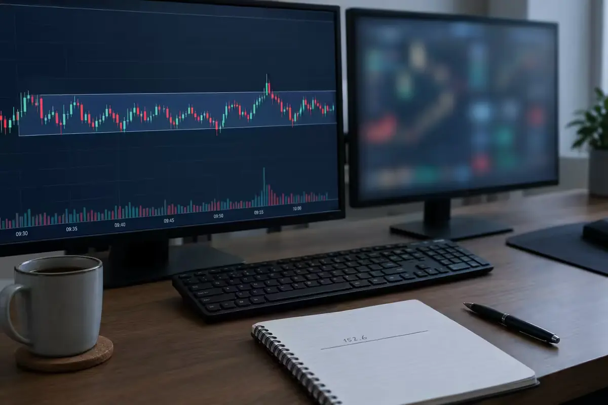 A home trading desk at the New York session open: a monitor shows a candlestick chart trading sideways inside a shaded opening-range band, with one brief move above the band rejected back inside, and a notebook with a hand-drawn level beside the keyboard.