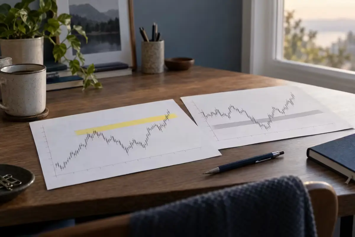 Photograph of a trader's desk in daylight with two printed chart pages, each marked with one highlighted horizontal band, standing for the two opening-gap definitions discussed in the recording. The chart pages carry no labels, prices or results.