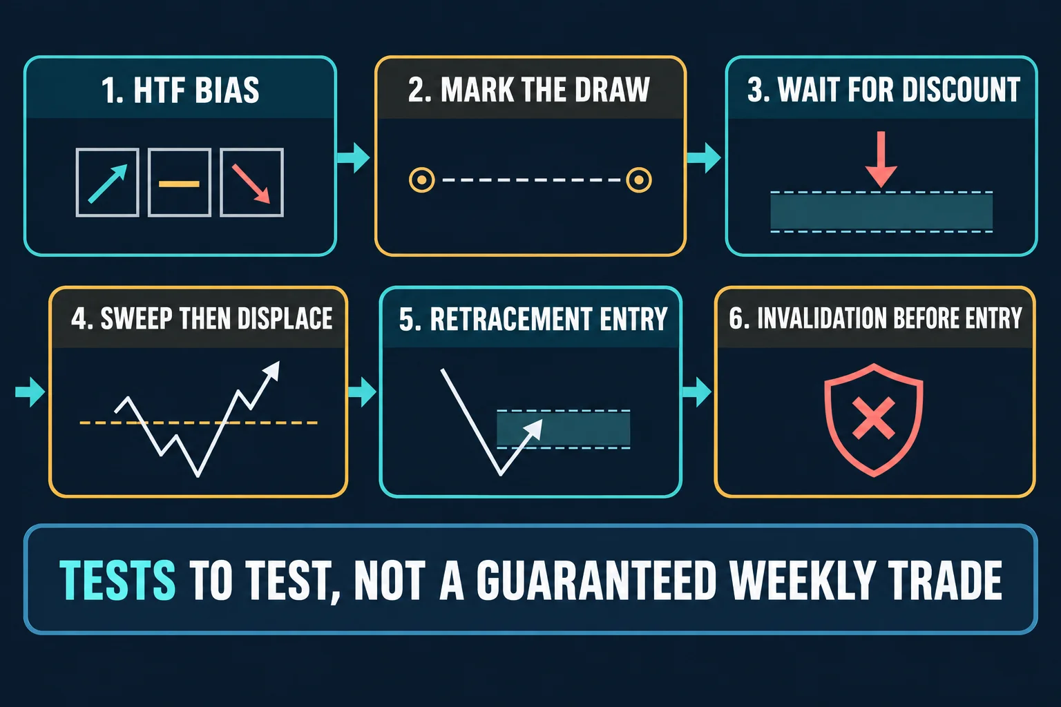 AI-generated educational flowchart with six numbered step cards connected by arrows, reading 1. HTF Bias, 2. Mark the Draw, 3. Wait for Discount, 4. Sweep Then Displace, 5. Retracement Entry and 6. Invalidation Before Entry, with a caption bar reading Tests to test, not a guaranteed weekly trade.