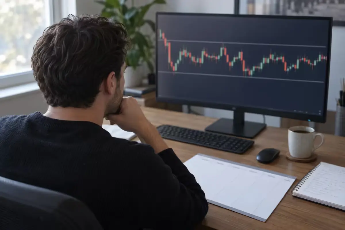 A trader's home-office workstation on a quiet Monday morning: one monitor showing a candlestick chart moving sideways inside a narrow range with two faint horizontal reference lines, a paper weekly calendar and a notebook on the desk, and the screen deliberately out of focus so no ticker, price or interface text is legible.