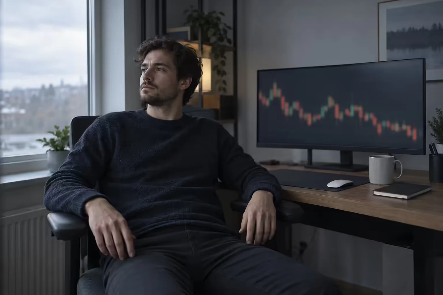 A trader leaning back from a soft-lit home desk with the mouse untouched, deciding whether to trade a thin, range-bound session after a US holiday weekend.