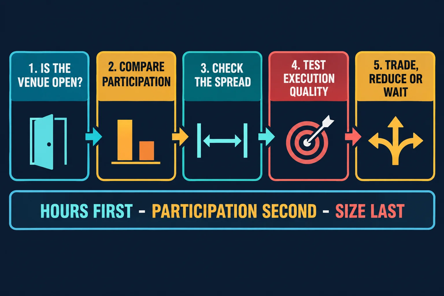 AI-generated educational flowchart with five numbered step cards joined by arrows reading 1 Is the venue open?, 2 Compare participation, 3 Check the spread, 4 Test execution quality, and 5 Trade, reduce or wait, above a caption bar reading HOURS FIRST - PARTICIPATION SECOND - SIZE LAST. No chart data, prices or results are shown.