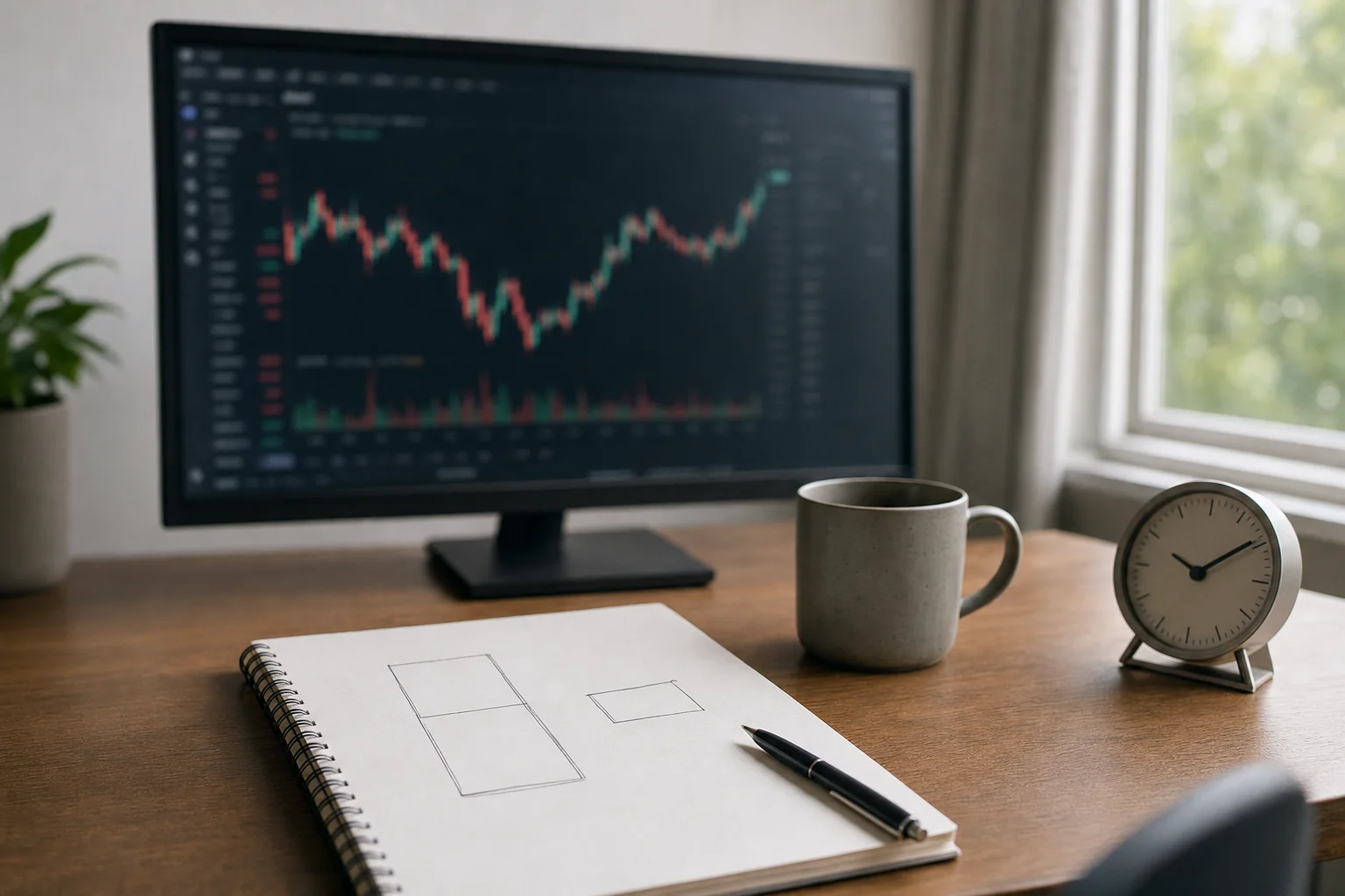 Photograph of a home trading workstation mid-morning: an open notebook on a wooden desk shows a tall sketched rectangle divided into an upper and a lower half beside a smaller sketched rectangle, with a pen, a mug and a small desk clock, and a dark candlestick chart blurred on the monitor behind.