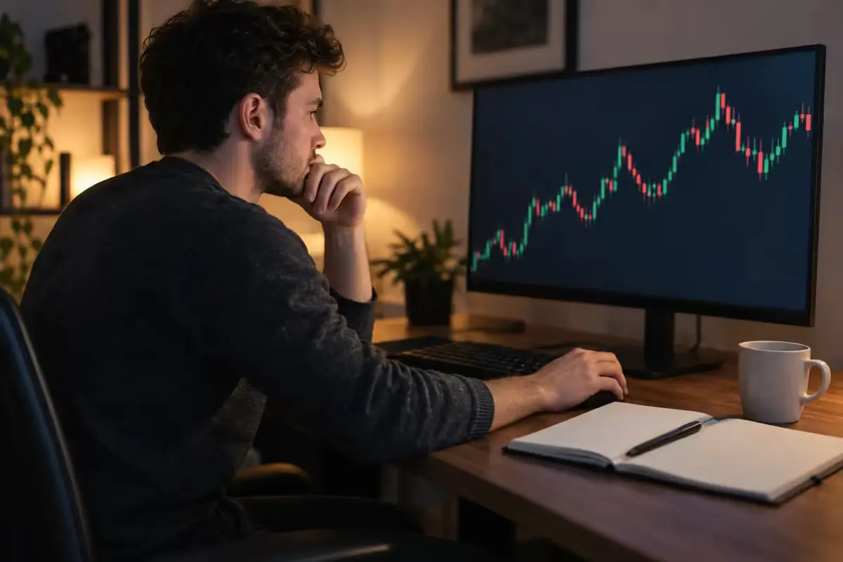 A day trader reviewing a dark candlestick chart on a large monitor at a home desk in the evening, working through the steps with an open notebook and pen beside the keyboard.