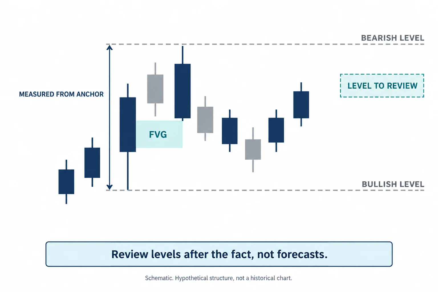 AI-generated schematic candlestick diagram showing a shaded imbalance labelled FVG, an upper dashed line labelled BEARISH LEVEL, a lower dashed line labelled BULLISH LEVEL, a vertical measurement arrow labelled MEASURED FROM ANCHOR and a small callout reading LEVEL TO REVIEW.