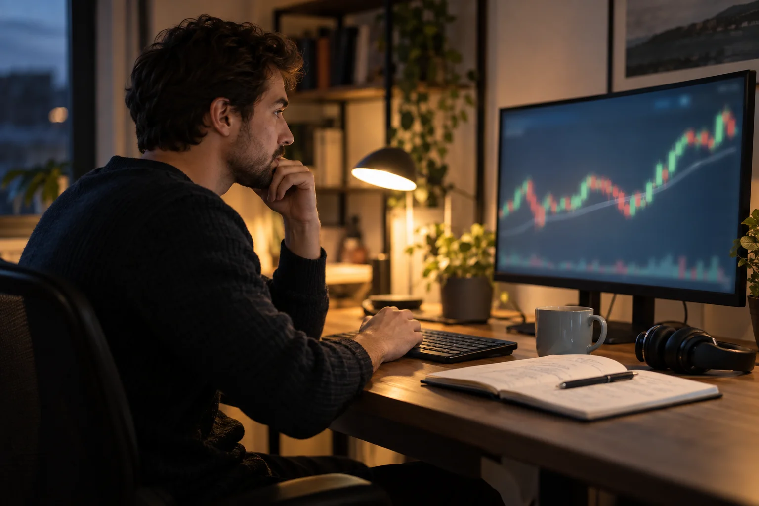 Evening study session at a home desk: a trader seen in profile beside an open notebook and over-ear headphones, watching a single monitor that shows a deliberately soft-focus candlestick chart with no readable interface text or numbers. Editorial illustration for the chart-study section of this article, not a screenshot of any trading platform, not market data and not a record of any trade.