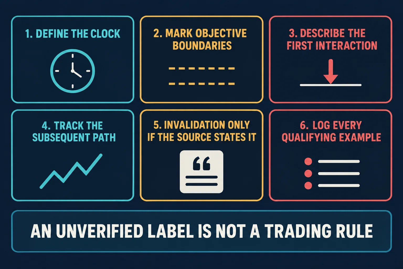 AI-generated educational checklist graphic with six step cards reading 1. Define the Clock, 2. Mark Objective Boundaries, 3. Describe the First Interaction, 4. Track the Subsequent Path, 5. Invalidation Only If the Source States It, and 6. Log Every Qualifying Example, above a caption bar reading An unverified label is not a trading rule.