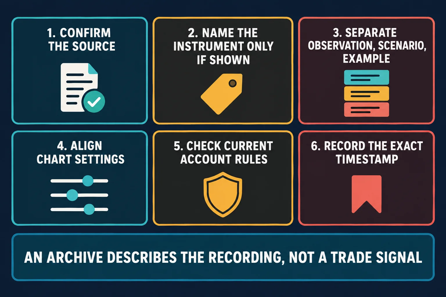 AI-generated educational checklist graphic with six numbered step cards reading 1. Confirm the Source, 2. Name the Instrument Only If Shown, 3. Separate Observation, Scenario, Example, 4. Align Chart Settings, 5. Check Current Account Rules, and 6. Record the Exact Timestamp, above a caption bar reading An archive describes the recording, not a trade signal.