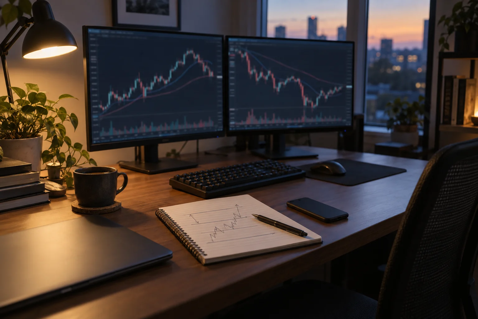 Illustrative photograph of a dual-monitor trading workstation at dusk: two dark candlestick charts rendered soft and unreadable, a keyboard, a notebook with hand-drawn level lines, a pen, a coffee mug and a closed laptop, with a blurred city skyline outside the window.