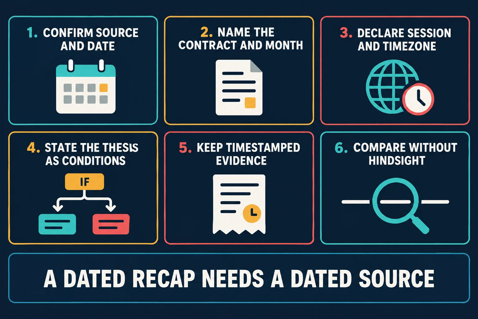 AI-generated educational checklist graphic with six step cards reading 1. Confirm Source and Date, 2. Name the Contract and Month, 3. Declare Session and Timezone, 4. State the Thesis as Conditions, 5. Keep Timestamped Evidence, and 6. Compare Without Hindsight, above a banner reading A dated recap needs a dated source.